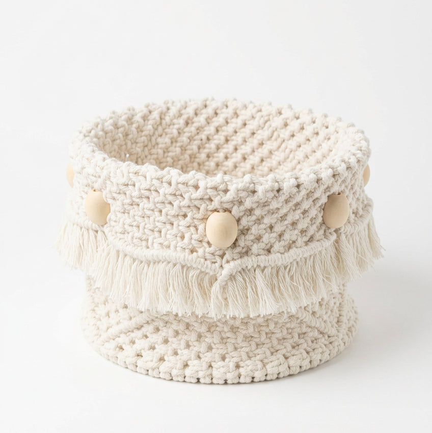 Panier en macramé écru