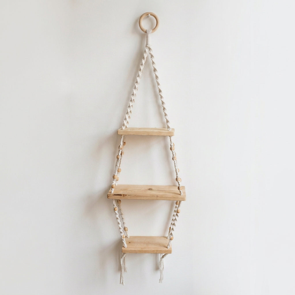 Étagère en macramé à 3 niveaux en bois