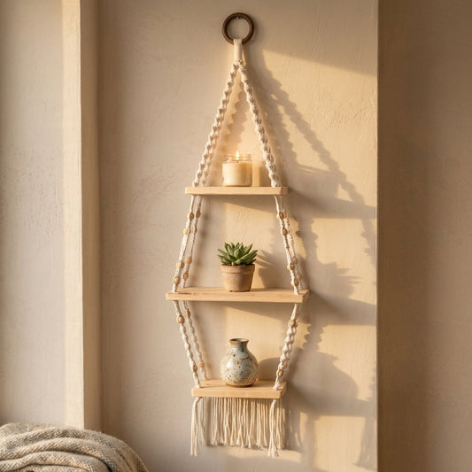 Étagère en macramé à 3 niveaux en bois
