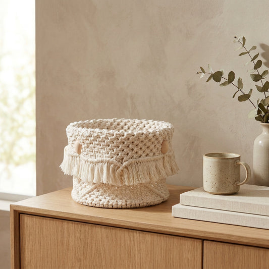 Panier en macramé écru
