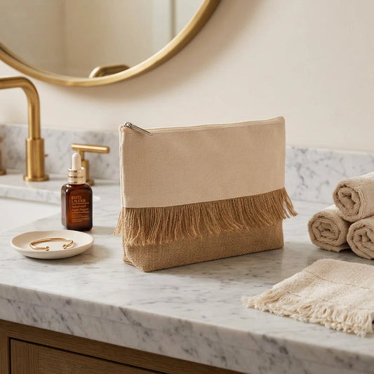 Trousse de toilette à franges en jute et toile