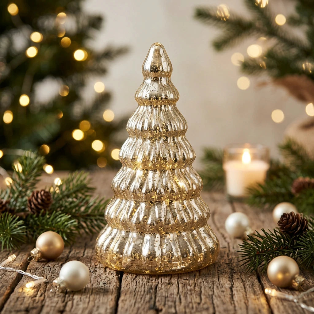 Sapin de Noël doré à nervures avec LED – 16,5 cm
