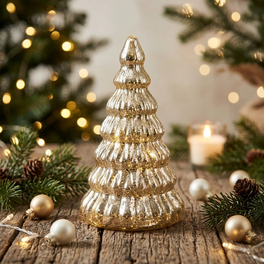 Sapin de Noël doré à nervures avec LED – 16,5 cm