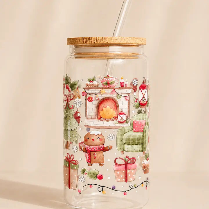 Gobelet en verre cosy christmas, couvercle et paille