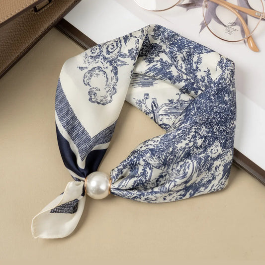 Foulard aimanté motif toile pastorale bleue avec perle