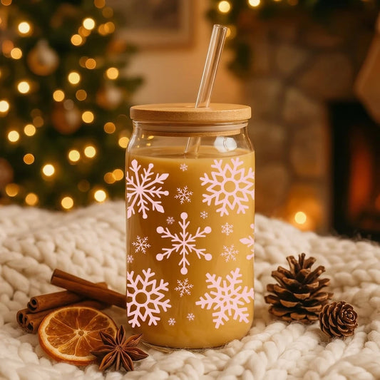 Gobelet en verre de Noël à flocons 550 ml, couvercle et paille