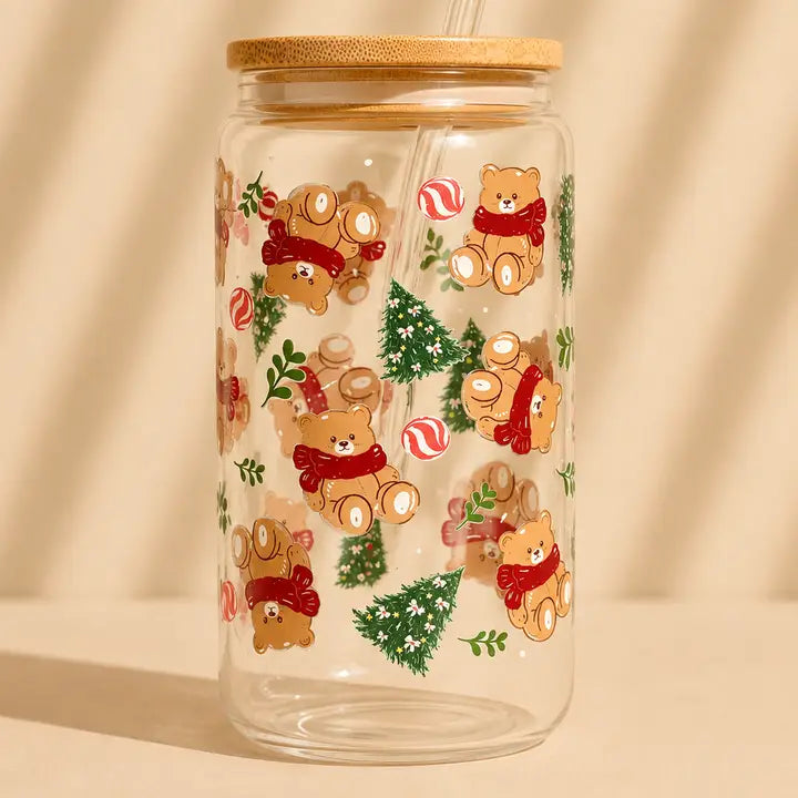 Gobelet en verre de Noël motif ours 550 ml, couvercle et paille