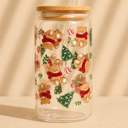 Gobelet en verre de Noël motif ours 550 ml, couvercle et paille